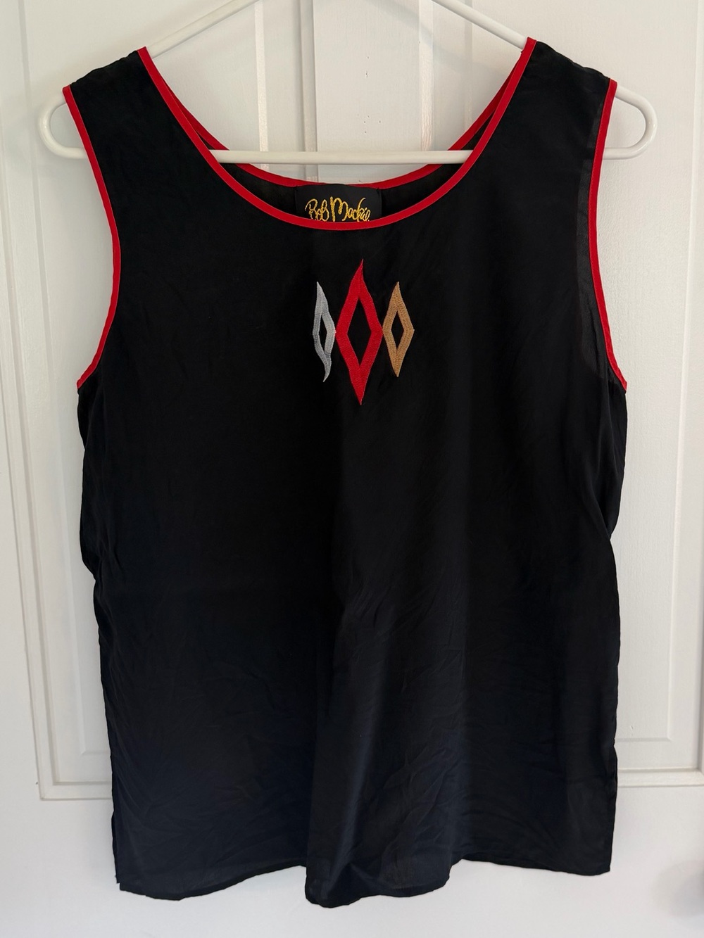 Vintage Bob Mackie Wearable Art Silk Embroidered Tank Top Black Red M